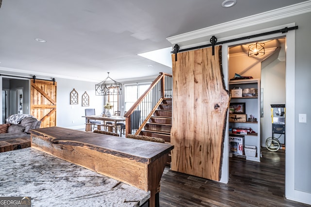 kitchen featuring ornamental molding, a barn door, and dark wood-type flooring