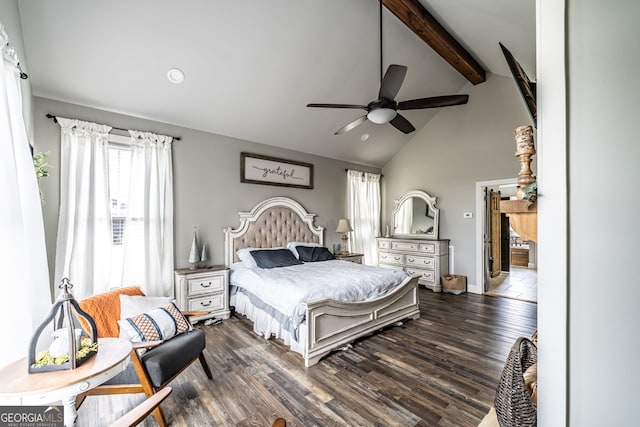 bedroom featuring beam ceiling, dark hardwood / wood-style flooring, high vaulted ceiling, and ceiling fan