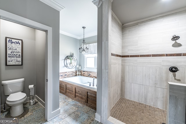 bathroom with plus walk in shower, crown molding, an inviting chandelier, and toilet