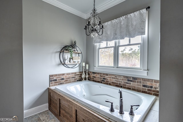 bathroom with a notable chandelier, crown molding, and tiled bath