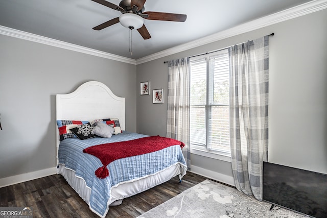 bedroom featuring multiple windows, ceiling fan, dark hardwood / wood-style flooring, and crown molding