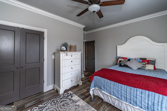 bedroom featuring a closet, ceiling fan, crown molding, and dark wood-type flooring