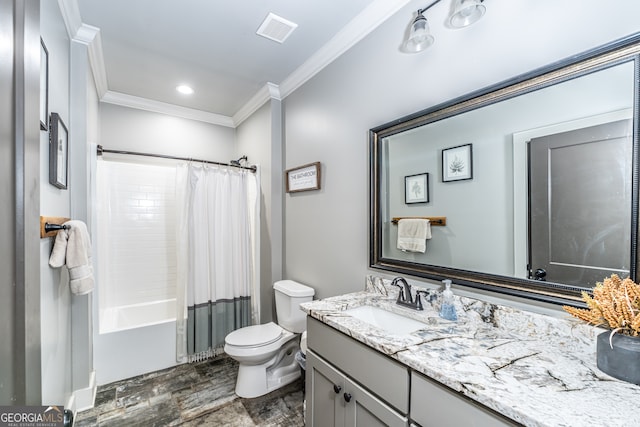 full bathroom featuring shower / bath combination with curtain, wood-type flooring, toilet, vanity, and ornamental molding