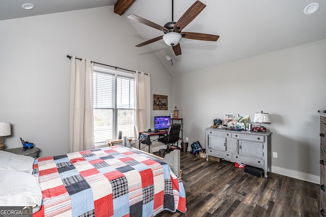 bedroom with vaulted ceiling with beams, ceiling fan, and dark wood-type flooring