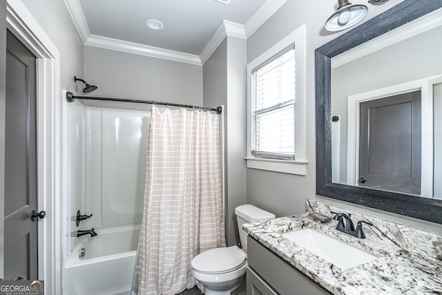 full bathroom featuring vanity, toilet, shower / bathtub combination with curtain, and crown molding