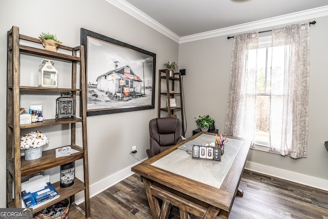 home office featuring dark hardwood / wood-style floors and crown molding