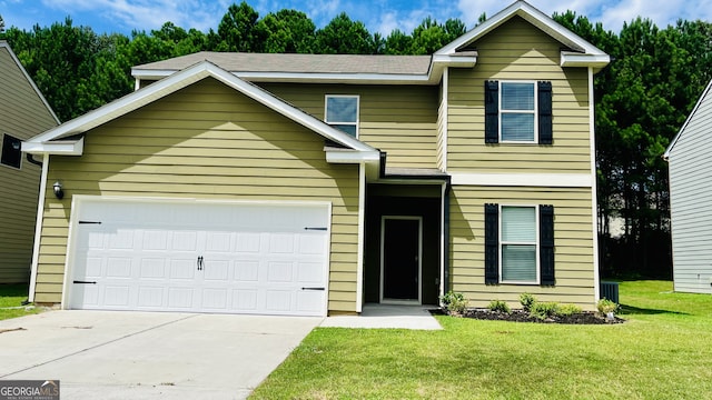 view of front of house featuring central AC, a garage, and a front lawn