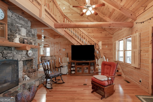 living room featuring beam ceiling, light hardwood / wood-style flooring, wooden walls, a fireplace, and wood ceiling