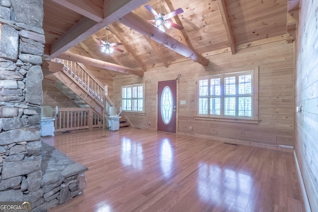 739 Barnes Mill Rd, Hamilton, GA 31811 - foyer entrance with wood ceiling, wood finished floors, wooden walls, and lofted ceiling with beams