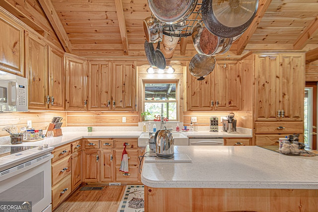 kitchen featuring vaulted ceiling with beams, white appliances, light wood-type flooring, and wood ceiling