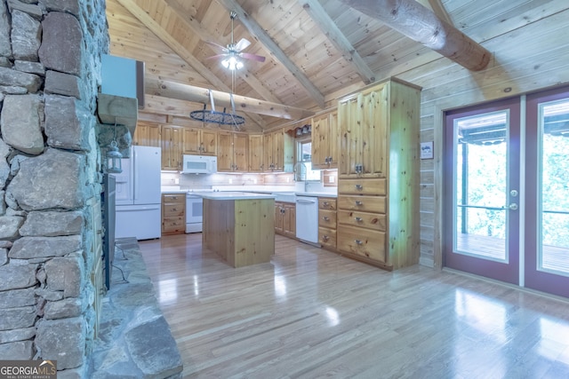 739 Barnes Mill Rd, Hamilton, GA 31811 - kitchen with white appliances, light wood-type flooring, a kitchen island, wood ceiling, and light countertops