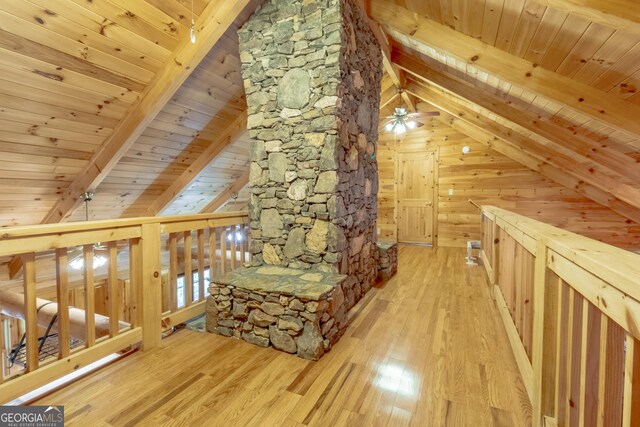 739 Barnes Mill Rd, Hamilton, GA 31811 - additional living space featuring vaulted ceiling with beams, wooden ceiling, hardwood / wood-style floors, and a ceiling fan