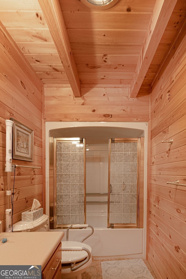 full bathroom featuring a bidet, combined bath / shower with glass door, wooden walls, beamed ceiling, and wood ceiling