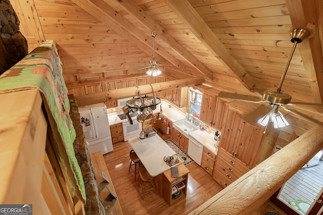 unfurnished living room featuring ceiling fan, wooden ceiling, lofted ceiling with beams, wood walls, and light hardwood / wood-style floors