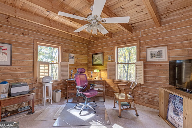 office with wood ceiling, ceiling fan, plenty of natural light, and light colored carpet