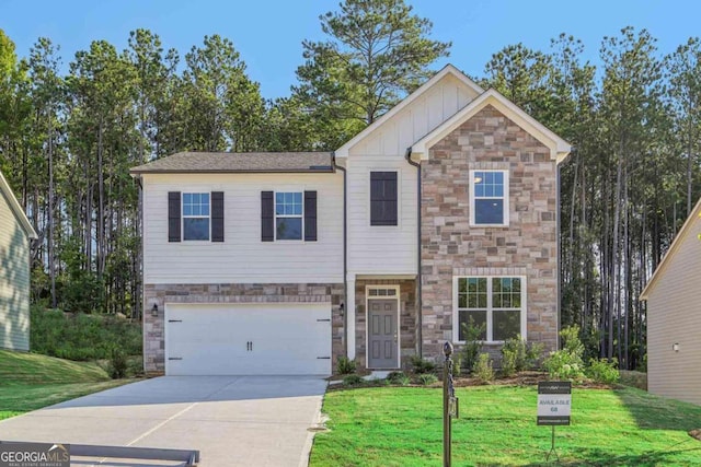 view of front of house with a garage and a front lawn