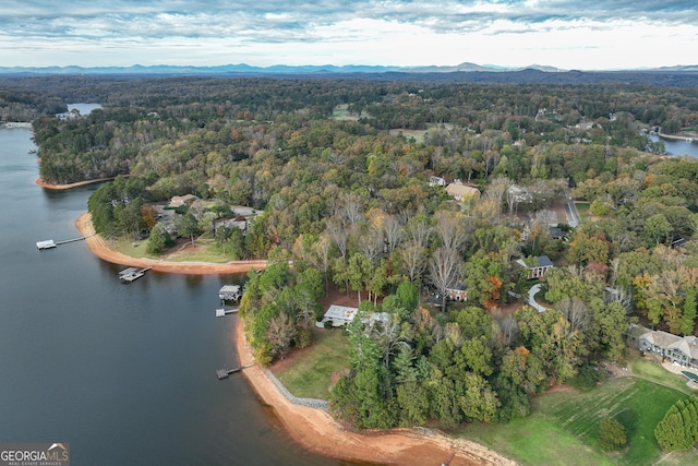 bird's eye view with a water and mountain view