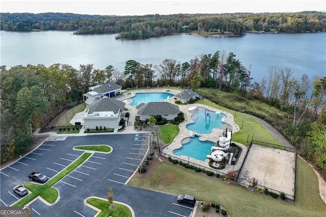 drone / aerial view with a water view