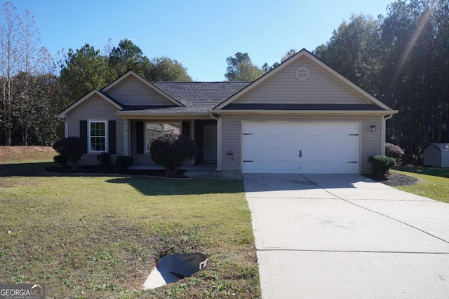 single story home featuring a front lawn and a garage