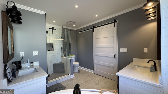 bathroom featuring vanity, toilet, walk in shower, and crown molding