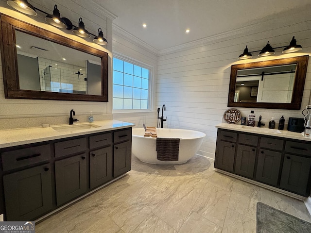 bathroom featuring vanity, separate shower and tub, and crown molding