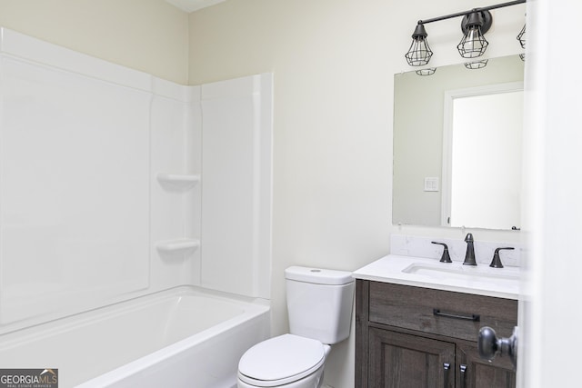 full bathroom featuring toilet,  shower combination, and vanity