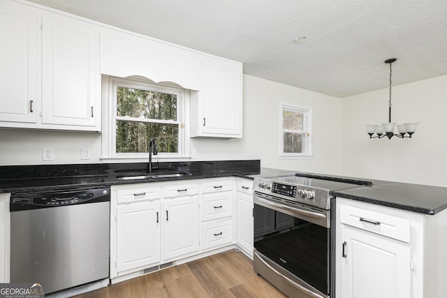 kitchen with appliances with stainless steel finishes, white cabinetry, decorative light fixtures, and sink