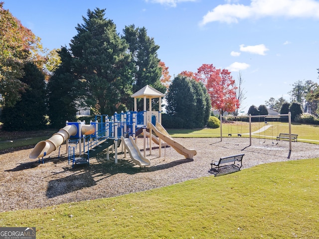 view of play area featuring a lawn