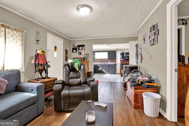 living room featuring a textured ceiling, light hardwood / wood-style floors, and crown molding