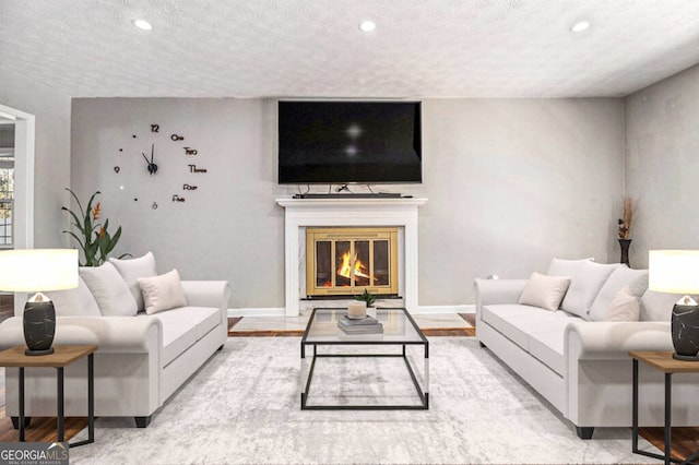 living room with a textured ceiling and light hardwood / wood-style flooring