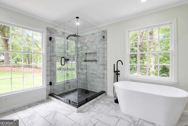 bathroom with plus walk in shower and crown molding