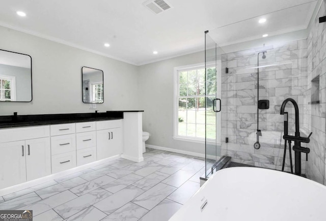 full bathroom featuring toilet, crown molding, shower with separate bathtub, and vanity