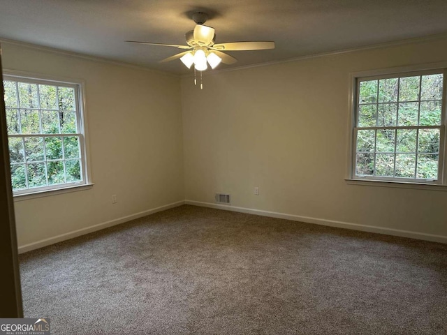 spare room featuring ceiling fan, carpet flooring, and crown molding