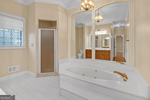 full bathroom featuring a stall shower, visible vents, toilet, a whirlpool tub, and crown molding