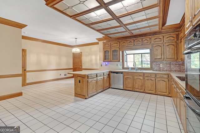 kitchen with dishwasher, kitchen peninsula, hanging light fixtures, and a wealth of natural light