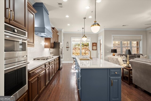 kitchen featuring a healthy amount of sunlight, sink, premium range hood, and an island with sink