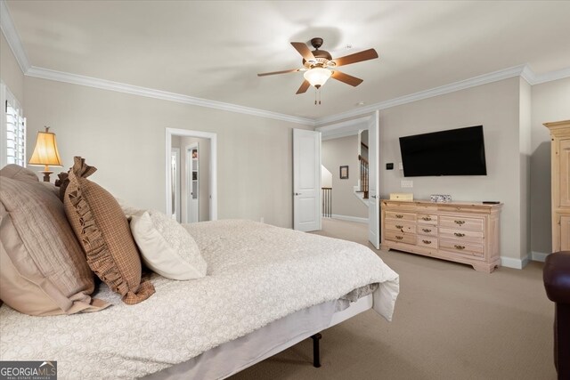 bedroom with light carpet, ceiling fan, and ornamental molding