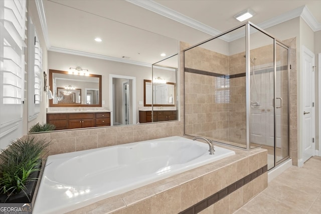 bathroom with separate shower and tub, tile patterned flooring, vanity, and ornamental molding