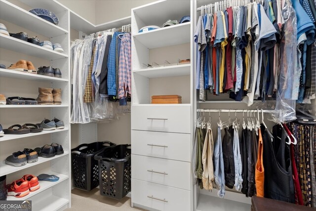 walk in closet with light colored carpet