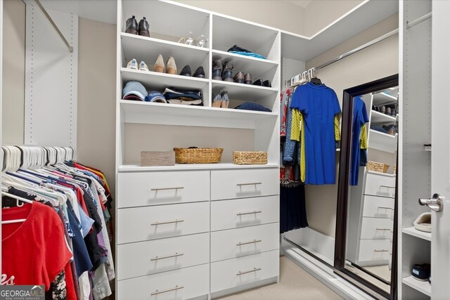 spacious closet featuring light colored carpet