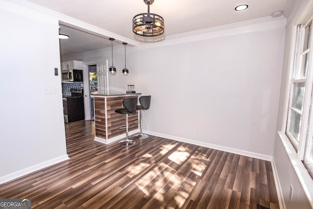 bar featuring appliances with stainless steel finishes, dark wood-type flooring, ornamental molding, and a healthy amount of sunlight