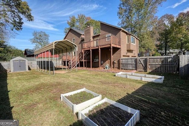 back of house featuring a yard, a shed, and a wooden deck