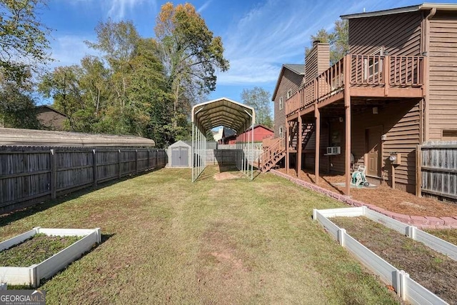 view of yard featuring cooling unit, a storage shed, and a deck