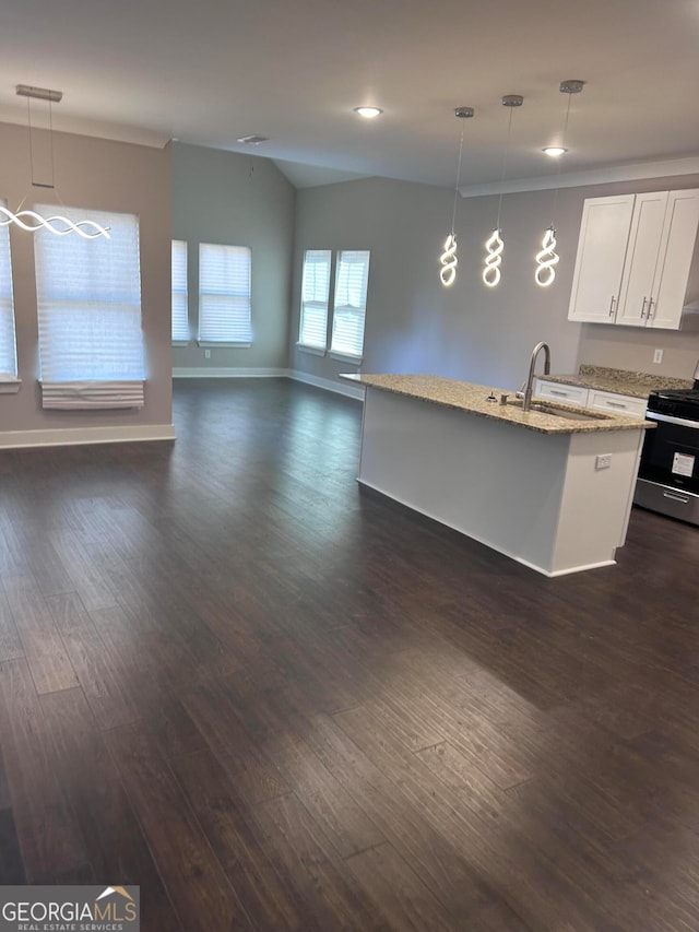 kitchen featuring dark hardwood / wood-style flooring, stainless steel range, and pendant lighting