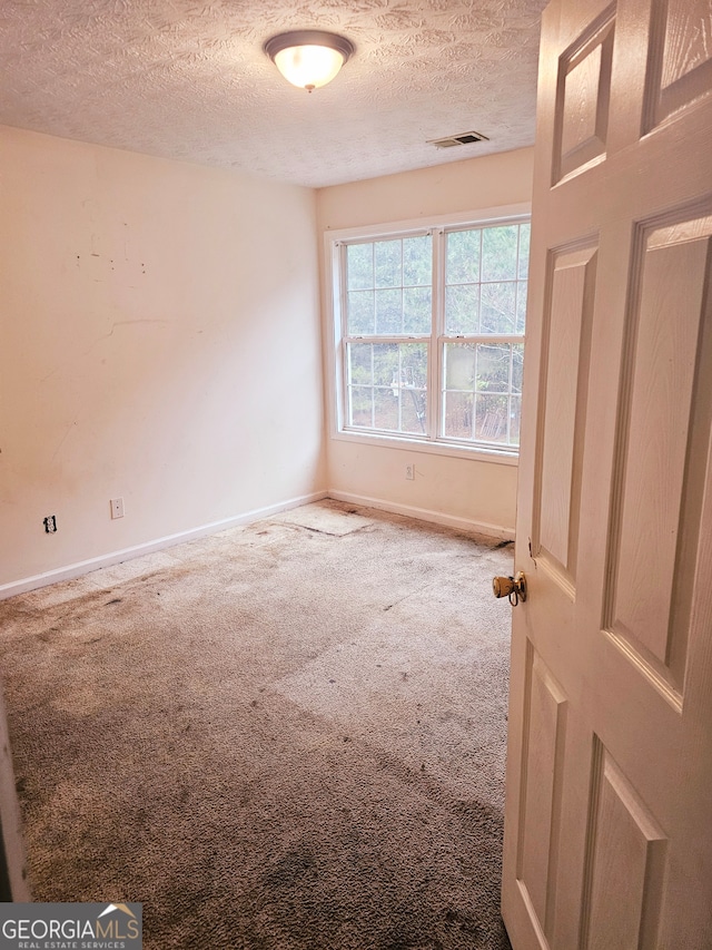 empty room with carpet and a textured ceiling