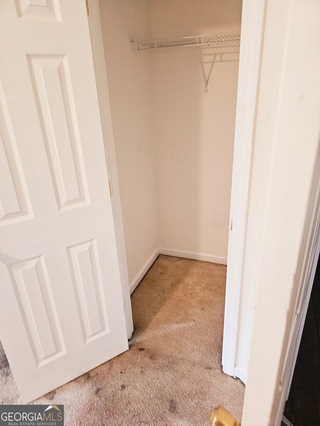 walk in closet featuring light colored carpet