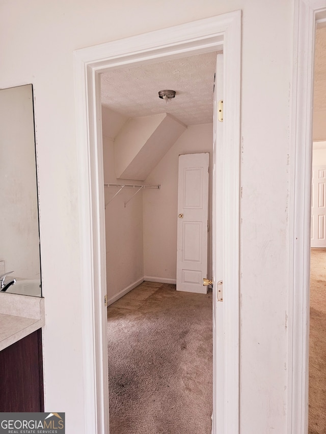 walk in closet featuring carpet flooring and lofted ceiling