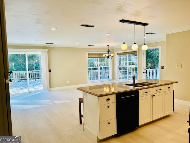 kitchen featuring dishwasher, plenty of natural light, a kitchen island with sink, and hanging light fixtures