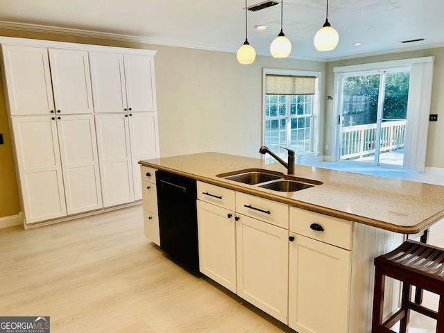 kitchen with dishwasher, sink, hanging light fixtures, a kitchen island with sink, and white cabinets