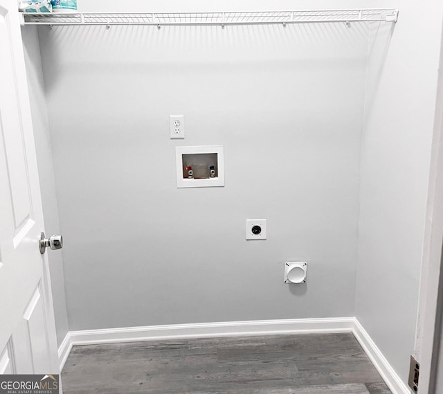 laundry room featuring washer hookup, electric dryer hookup, and dark wood-type flooring